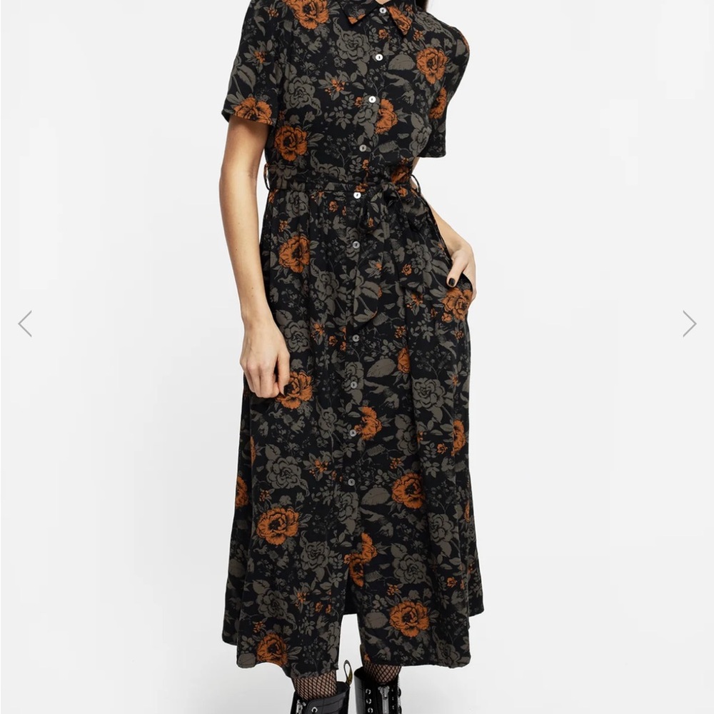 Floral Black and Rose-Orange Midi Shirt Dress